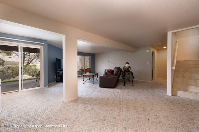 50 N Ridge Ct, Battlement Mesa, CO 81635 - living room featuring carpet flooring, stairs, baseboards, and recessed lighting