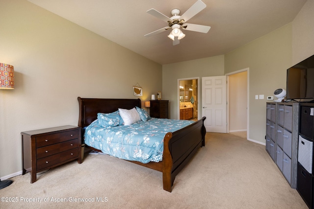 50 N Ridge Ct, Battlement Mesa, CO 81635 - bedroom featuring light colored carpet, baseboards, ensuite bathroom, and a ceiling fan