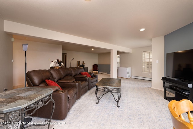 50 N Ridge Ct, Battlement Mesa, CO 81635 - carpeted living room with a baseboard radiator, baseboards, and recessed lighting