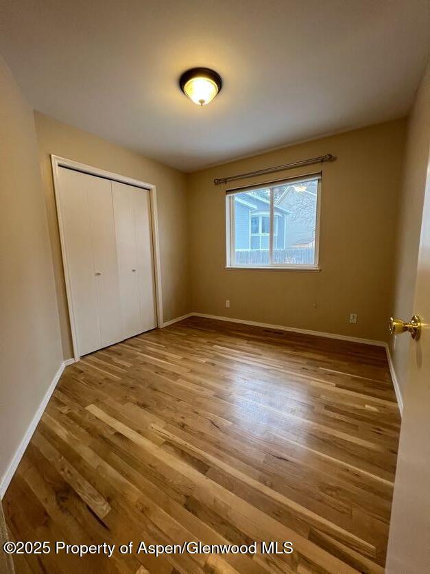 unfurnished bedroom with wood-type flooring and a closet