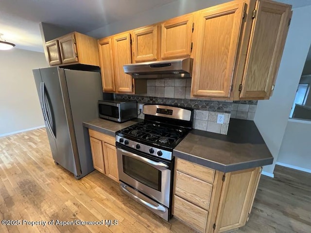 kitchen with stainless steel appliances, backsplash, and light hardwood / wood-style floors