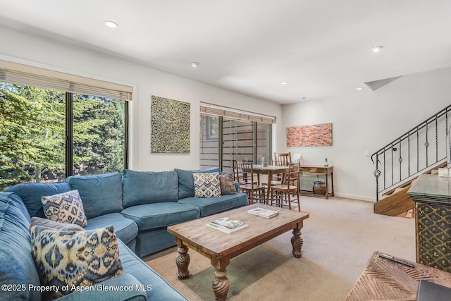 851 Ute Ave Unit B, Aspen, CO 81611 - living room featuring stairs, carpet, and recessed lighting