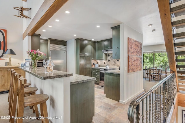 851 Ute Ave Unit B, Aspen, CO 81611 - kitchen with appliances with stainless steel finishes, a peninsula, recessed lighting, light stone countertops, and decorative backsplash