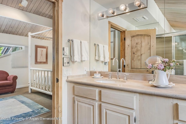 851 Ute Ave Unit B, Aspen, CO 81611 - bathroom featuring wooden ceiling and vanity