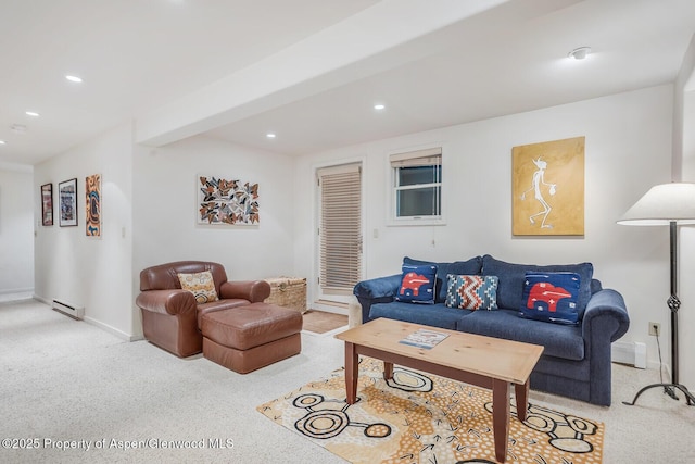 851 Ute Ave Unit B, Aspen, CO 81611 - living room with carpet floors, a baseboard heating unit, and recessed lighting