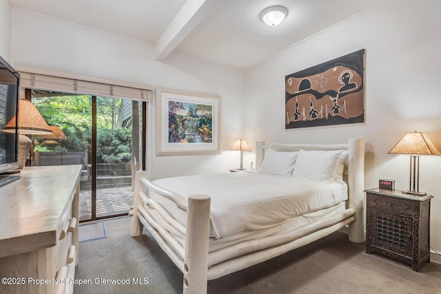 851 Ute Ave Unit B, Aspen, CO 81611 - carpeted bedroom featuring access to outside and beamed ceiling