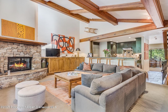 851 Ute Ave Unit B, Aspen, CO 81611 - living room featuring a stone fireplace and recessed lighting