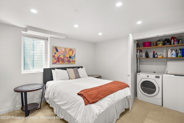 250 S Original St Unit B, Aspen, CO 81611 - bedroom featuring washing machine and dryer, light colored carpet, and recessed lighting