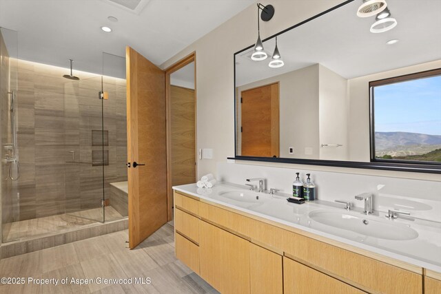 77 Wood Rd Unit 507-13, Snowmass Village, CO 81615 - full bath featuring a stall shower, double vanity, and recessed lighting