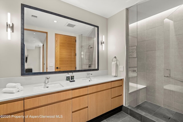 77 Wood Rd Unit 507-13, Snowmass Village, CO 81615 - full bath with double vanity, a shower stall, tile patterned floors, and recessed lighting