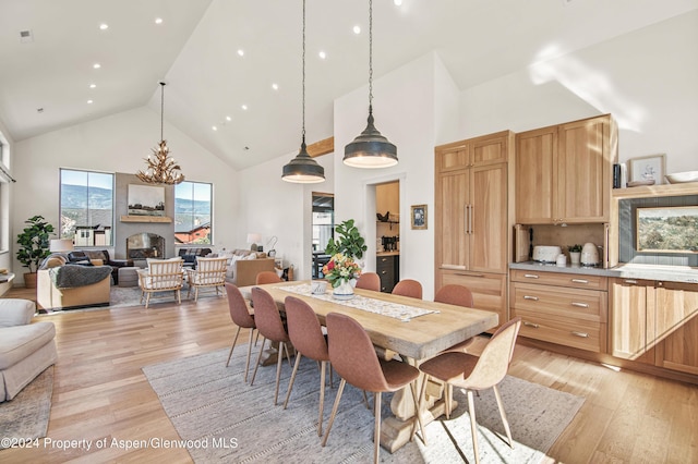 dining area with light hardwood / wood-style floors and high vaulted ceiling