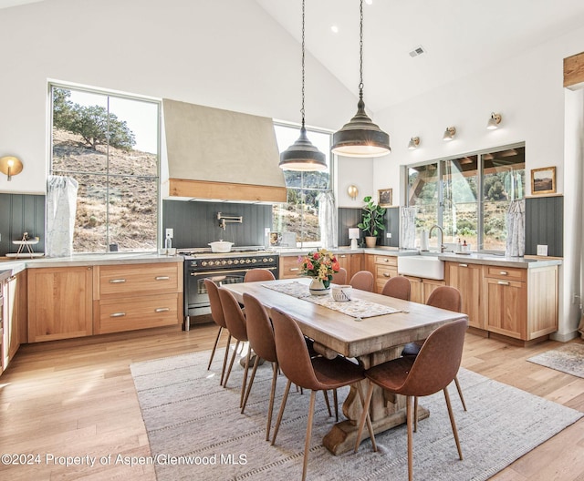 dining space featuring light wood-type flooring, high vaulted ceiling, plenty of natural light, and sink