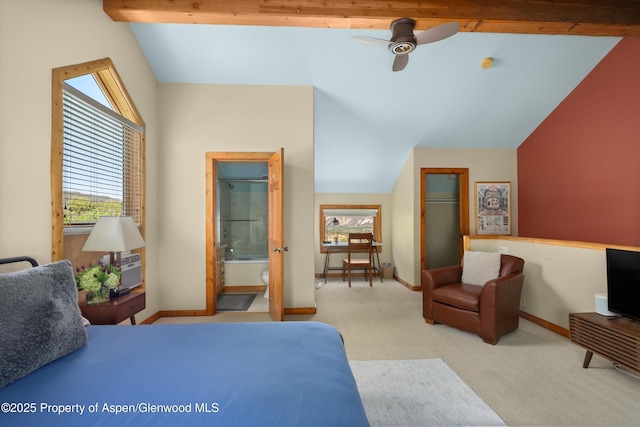1436 Hooks Spur Rd, Basalt, CO 81621 - bedroom featuring vaulted ceiling, carpet floors, multiple windows, and connected bathroom