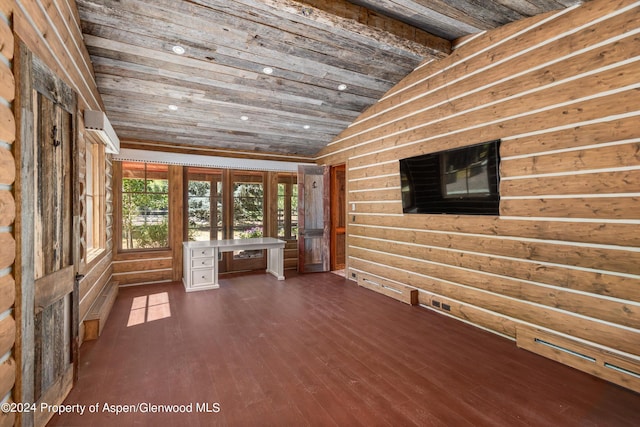 unfurnished sunroom featuring wood ceiling and lofted ceiling with beams