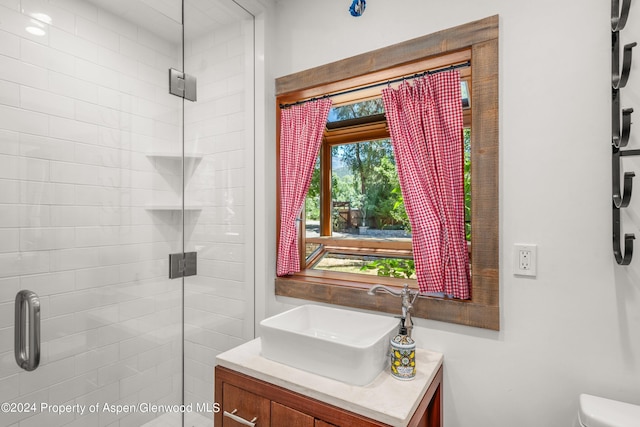 bathroom featuring vanity, toilet, and a shower with door