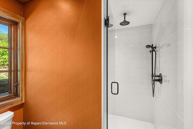 bathroom featuring a healthy amount of sunlight, a shower with shower door, and toilet