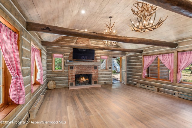 unfurnished living room with beam ceiling, wooden walls, a fireplace, and wood-type flooring