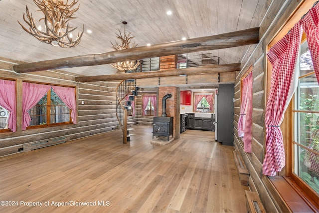 workout room featuring hardwood / wood-style floors, a wood stove, wooden ceiling, rustic walls, and a chandelier