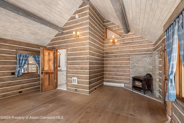 unfurnished living room with a wood stove, wood walls, hardwood / wood-style floors, and lofted ceiling with beams