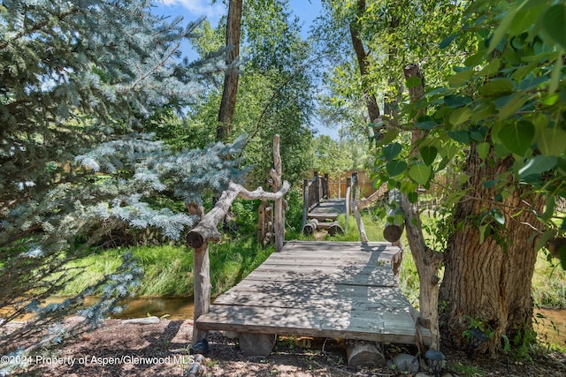 view of property's community with a boat dock and a water view