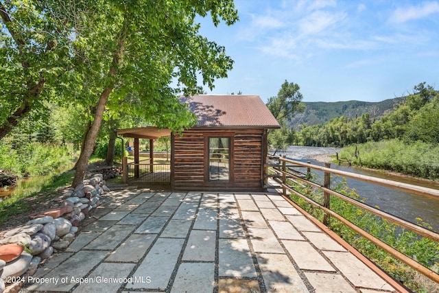 view of patio featuring a mountain view