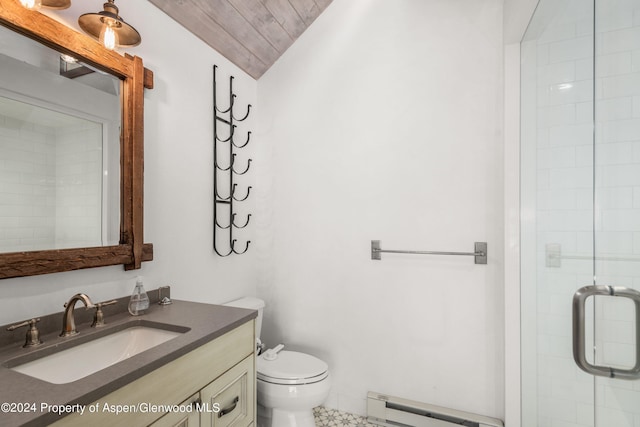 bathroom featuring vanity, a shower with door, lofted ceiling, a baseboard heating unit, and toilet