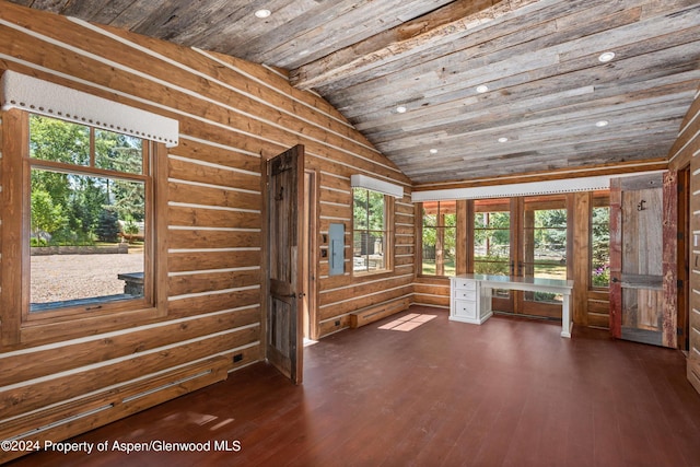 unfurnished sunroom with french doors, built in desk, wooden ceiling, and lofted ceiling