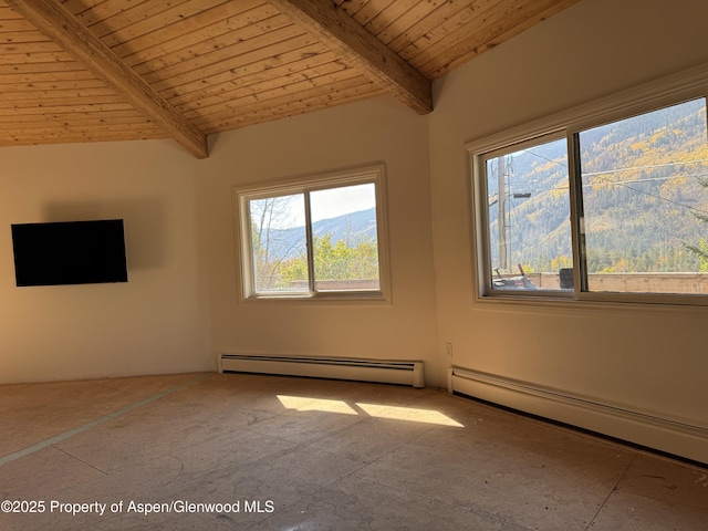 spare room featuring a mountain view, wood ceiling, lofted ceiling with beams, and baseboard heating