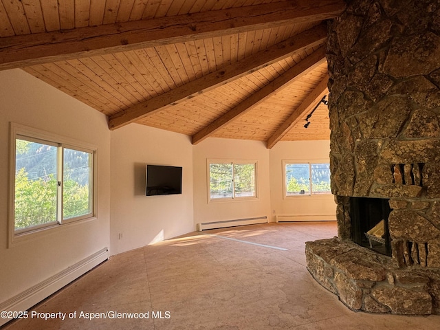 unfurnished living room featuring baseboard heating, wood ceiling, and a fireplace