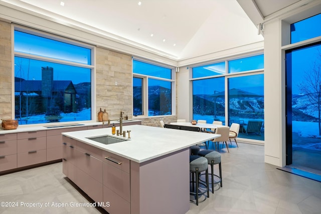 kitchen featuring a center island with sink, sink, a breakfast bar area, and vaulted ceiling