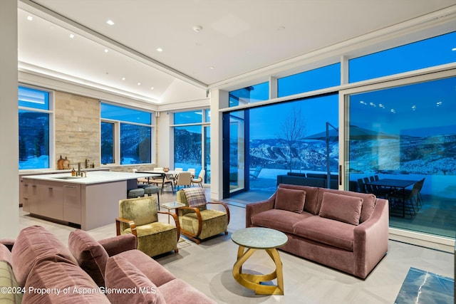 interior space featuring a mountain view and sink