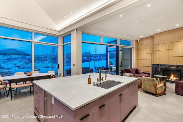 kitchen with a high end fireplace, sink, expansive windows, and a spacious island