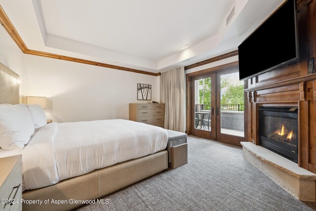 415 E Dean St Week 7 St, Aspen, CO 81611 - carpeted bedroom featuring access to exterior, a tray ceiling, and a glass covered fireplace