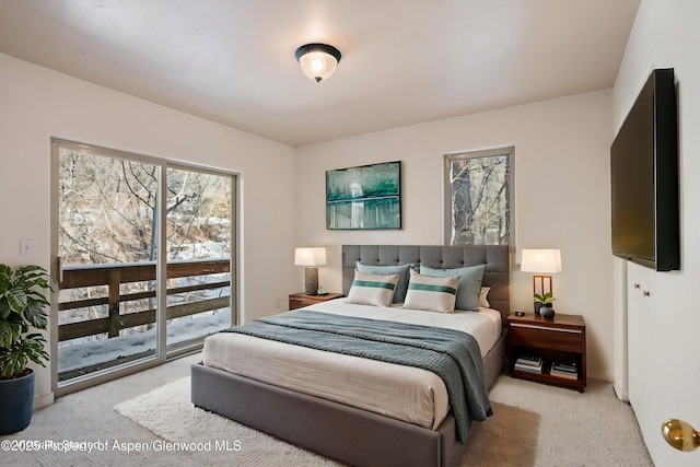 bedroom featuring access to exterior and light carpet