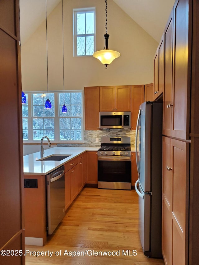1608 Crawford Way, Glenwood Springs, CO 81601 - kitchen featuring stainless steel appliances, a sink, high vaulted ceiling, light wood-type flooring, and light countertops
