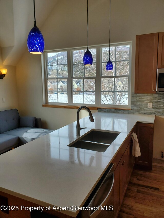 1608 Crawford Way, Glenwood Springs, CO 81601 - kitchen with appliances with stainless steel finishes, a sink, vaulted ceiling, dark wood finished floors, and decorative backsplash