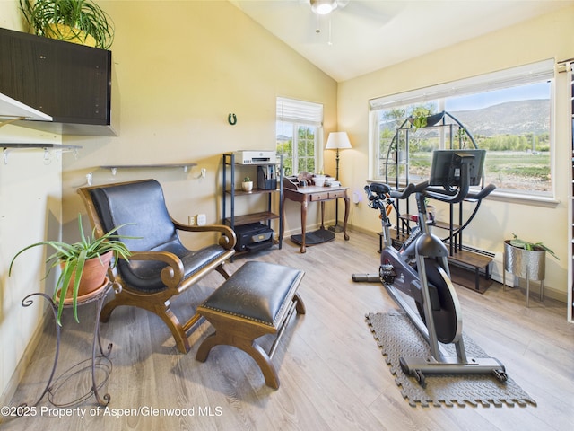 workout area with vaulted ceiling, ceiling fan, baseboards, and wood finished floors