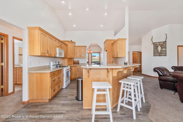 1600 County Road 30, Craig, CO 81625 - kitchen with white appliances, a breakfast bar, a peninsula, light countertops, and open floor plan