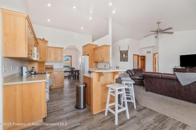 1600 County Road 30, Craig, CO 81625 - kitchen with white appliances, open floor plan, a kitchen breakfast bar, a ceiling fan, and light countertops