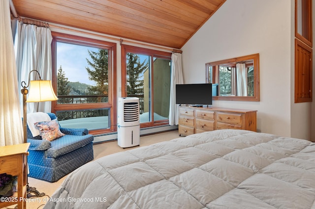 bedroom featuring lofted ceiling, a baseboard heating unit, light colored carpet, and wooden ceiling