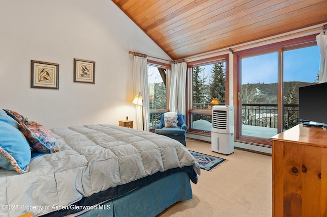 carpeted bedroom featuring lofted ceiling, a baseboard heating unit, access to outside, and wooden ceiling