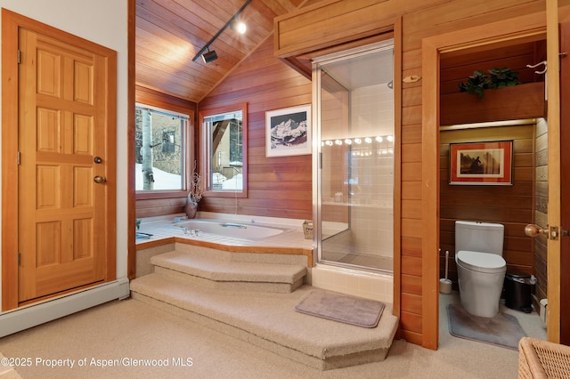 bathroom with wooden walls, plus walk in shower, vaulted ceiling, wooden ceiling, and toilet