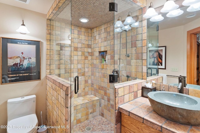 bathroom with vanity, toilet, and walk in shower