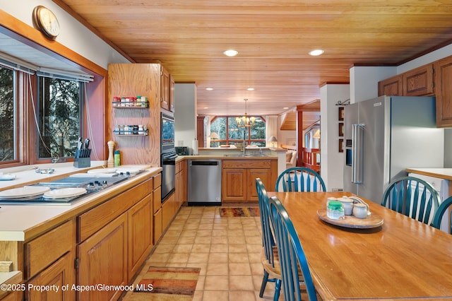 kitchen featuring sink, wood ceiling, appliances with stainless steel finishes, an inviting chandelier, and decorative light fixtures