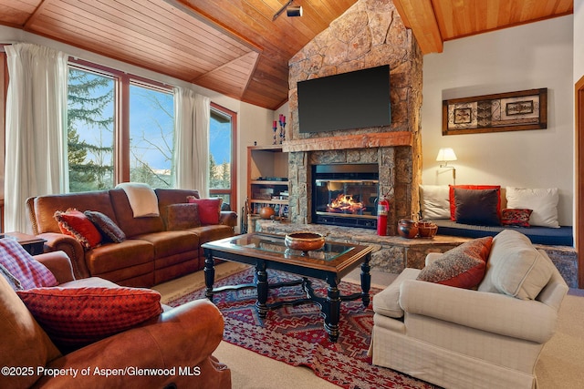 living room with a stone fireplace, high vaulted ceiling, carpet, and wooden ceiling