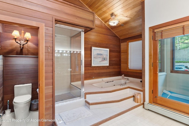 bathroom featuring lofted ceiling, toilet, wood walls, wooden ceiling, and a baseboard heating unit