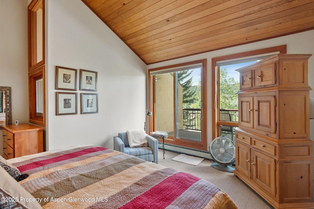 carpeted bedroom with baseboard heating, lofted ceiling, wood ceiling, and access to exterior