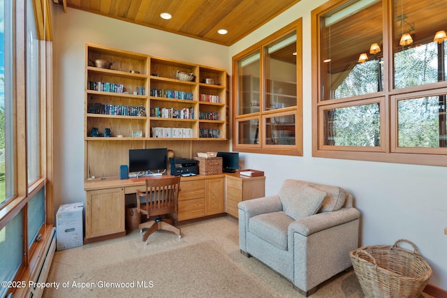 office with wood ceiling, a baseboard radiator, and built in desk