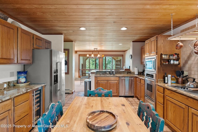 kitchen featuring wine cooler, sink, wood ceiling, baseboard heating, and stainless steel appliances