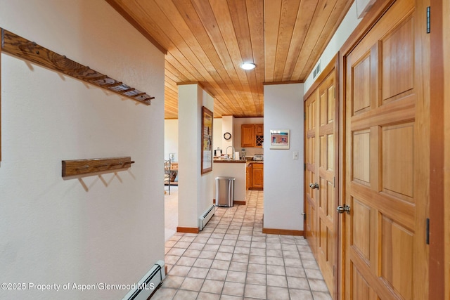 hallway featuring sink, wood ceiling, and a baseboard radiator